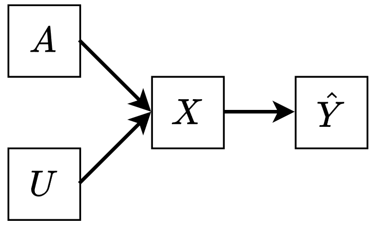 A simple causal model: group membership A and other factors U influence features X and label Y.